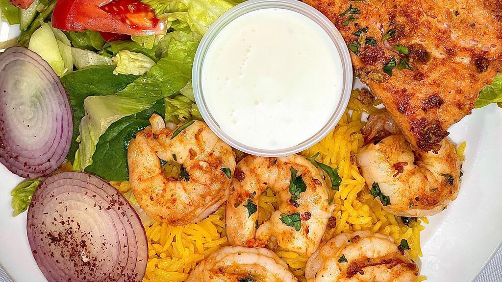 Salmon And Shrimp Platter Mixed · our famous marinated sea food feast with fresh grilled salmon and shrimp served with basmati rice, salad, pita bread, and hose sauce