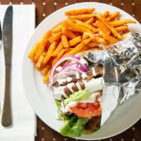 Mixed Gyro Sandwich · Served with tzatziki sauce, lettuce, onions and tomatoes. Includes French fries.