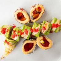 Nagoya Roll · Deep fried soft shell crab, mango, avocado, cucumber and lettuce, topped with spicy tuna and...