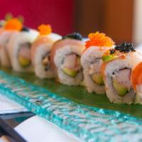 Rainbow Roll · California roll topped with tuna, salmon and snapper avocado.