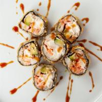 Hard Rock Roll · Spicy kani, avocado, cucumber, topped with rock shrimp and caviar. - spicy.