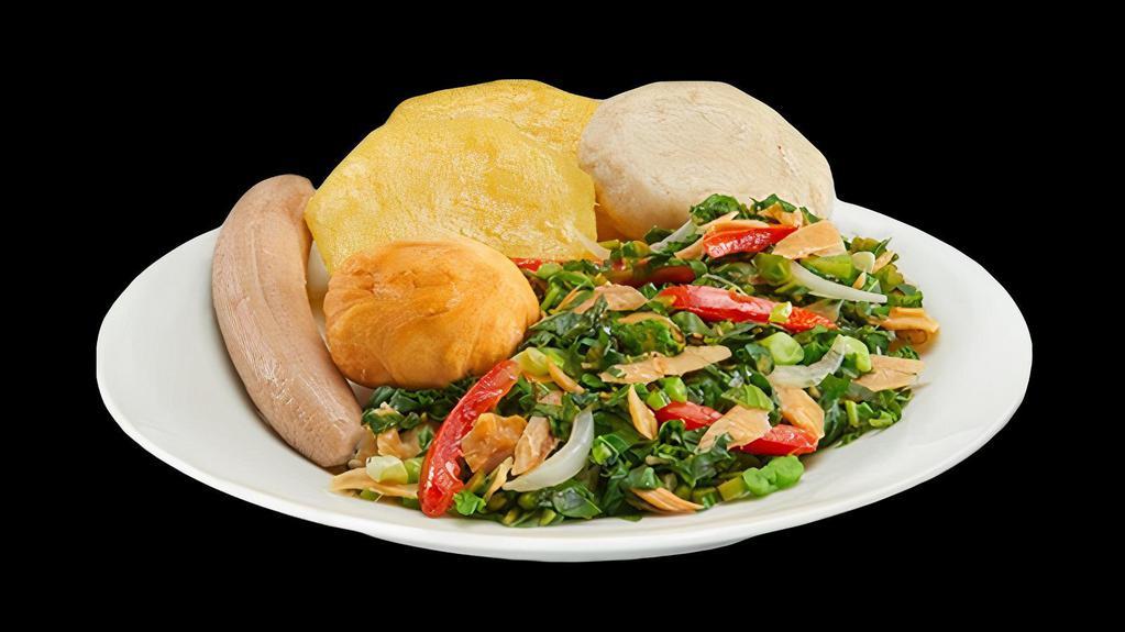 Callaloo & Saltfish (Breakfast) · Callaloo is  Jamaican stapled vegetable ,leafy green originated in Africa. Steamed in a pot with scallion ,onions , peppers etc  and then sautéed with dried cod fish/ salt fish to our 14parish taste.