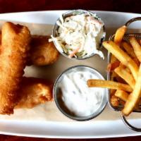 Harp-Battered Fish & Chips · Cod, skin-on fries. Served with coleslaw and tarter sauce