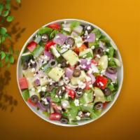 The Greek Salad · Romaine, tomatoes, bell peppers, onions, Kalamata olives, cucumbers, oregano, olive oil, and...