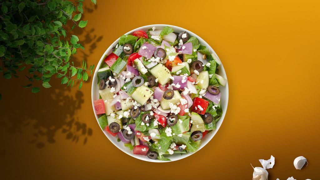 The Greek Salad · Romaine, tomatoes, bell peppers, onions, Kalamata olives, cucumbers, oregano, olive oil, and white vinegar.