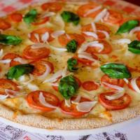 Tomato Basil Onion Pizza · Traditional Neapolitan style sauce less pizza topped with sliced tomato, onion, fresh garlic...
