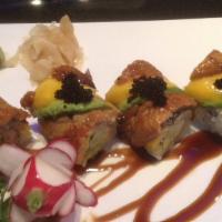 Black Dragon Roll · Crab meat, avocado, cucumber topped with eel, avocado, and black tobiko.