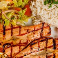 Grilled Salmon · Served with house salad rice.