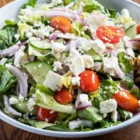 Mediterranean Salad · Arugula, romaine, iceberg, parsley, sliced cucumber, red onion, grape tomatoes, olive, relis...