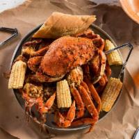 Crabfeast · One pound of snow crabs,
one Dungeness crab, three blue claw
hard shells, corn