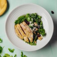 Chicken Kale Salad · Tuscan Kale mixed with cranberries, parmesan and candy walnuts. Topped with grilled chicken ...