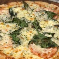 Greek Pizza · Garlic sauce, spinach, feta, diced tomatoes and mozzarella. Topped with Parmigian and oregano.