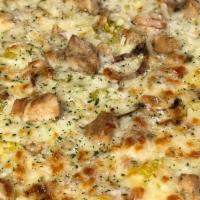 Chicken Pesto Pizza · Pesto garlic sauce, fried or marinated grilled chicken, diced tomatoes, diced onion and bana...