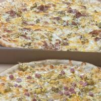 Breakfast Pizza · Garlic base, eggs, mozzarella, cheddar, ham, bacon