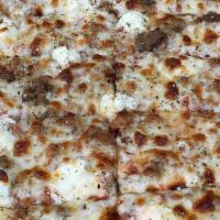 Baked Lasagna Pizza · House red sauce, crumbled sausage, meatball, ricotta and mozzarella. Topped with Parmigian a...
