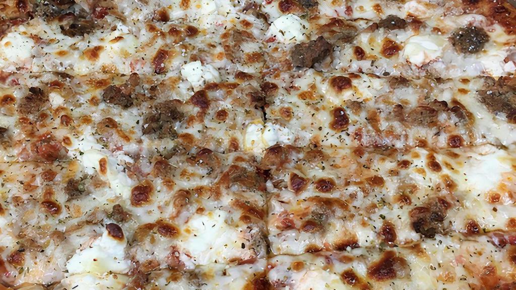 Baked Lasagna Pizza · House red sauce, crumbled sausage, meatball, ricotta and mozzarella. Topped with Parmigian and oregano.