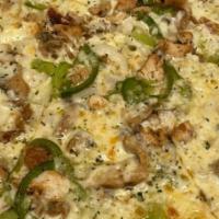 Chicken Philly Pizza · garlic sauce, marinated grilled chicken, onion, green pepper, mushroom and mozzarella.