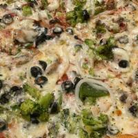Veggie Pizza · red sauce, red onion, green pepper, mushroom, broccoli, black olive and mozzarella.