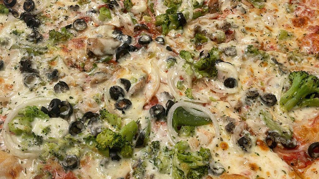 Veggie Pizza · red sauce, red onion, green pepper, mushroom, broccoli, black olive and mozzarella.