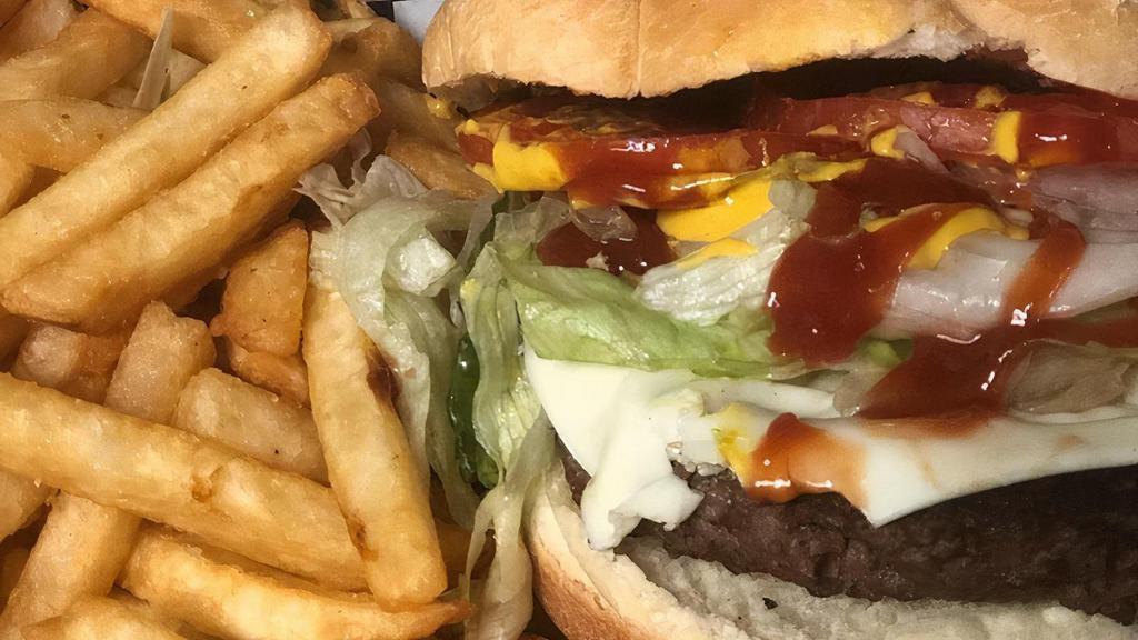 Classic Cheeseburger · 1/2 lb flame broiled angus beef steak burger, mayo, ketchup,mustard, lettuce, tomato, pickles, American cheese, served with a side of fries