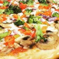 Famous Trenton Style Thin Crust Round Pizza · Thin crust, chunky tomatoes and a light amount of mozzarella cheese.