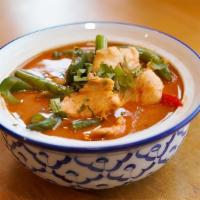 Panang Curry · Spicy. Red curry with string beans and bell peppers . Add chicken, tofu, vegetable, beef, sh...