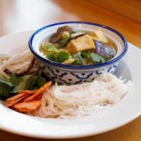 Vegan Green Curry Tofu Noodle Soup · Vegan, spicy. Rice vermicelli noodle in green curry broth with eggplant, bamboo shoot, and b...