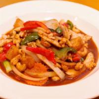 Wok Cashew Nut · Spicy. Stir-fried with bell peppers, pineapple, mushroom, and sweet chili paste. Add chicken...