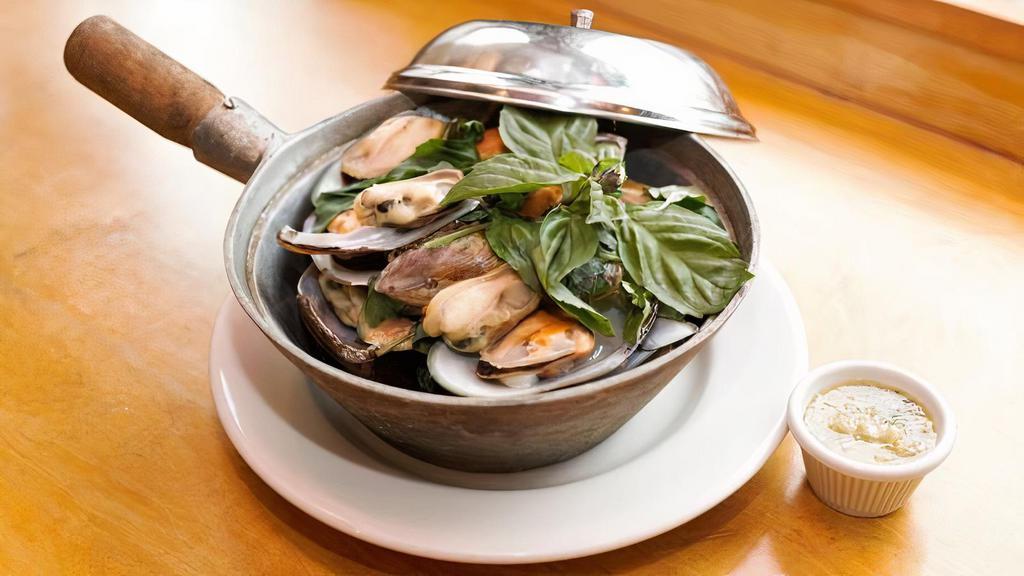 Steamed Mussels · Steamed pei mussels with lemongrass, kaffir lime leaves and galangal.