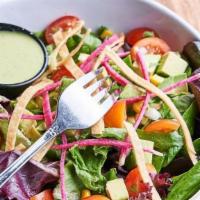 Tex Mex · Baby spinach, roasted com, block beans, sliced avocado, Pico De Gallo, crispy corn tortilla ...