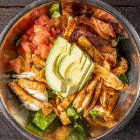 Q' Cobb · Bbq soaked grilled chicken , romaine , bacon , avocado , hard boiled egg , tomato with blue ...