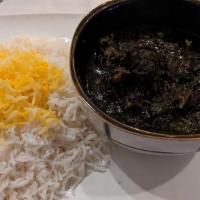Ghormeh Sabzi · Parsley, scallion, cilantro and beef stew, red kidney bean, dry lime, saffron basmati rice.