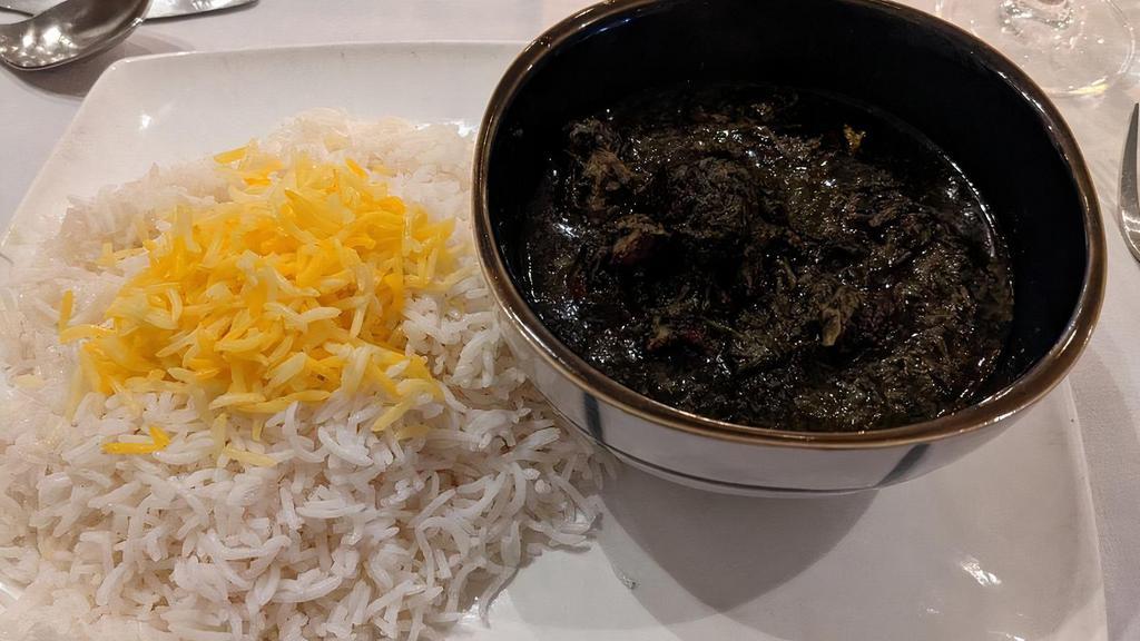 Ghormeh Sabzi · parsley, scallion, cilantro and beef stew, red kidney bean, dry lime, saffron basmati rice