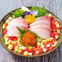 Yellowtail Chirashi Bowl · 8 oz yellowtail, tuna ground, ikura, tobiko, tamago, cucumber, shredded nori, pickled ginger...