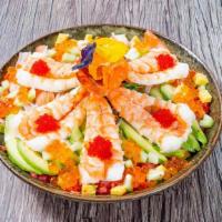 Ebi Chirashi Bowl · Tiger shrimp, kani, avocado, ikura, tobiko, tamago, cucumber, shredded nori, pickled ginger,...