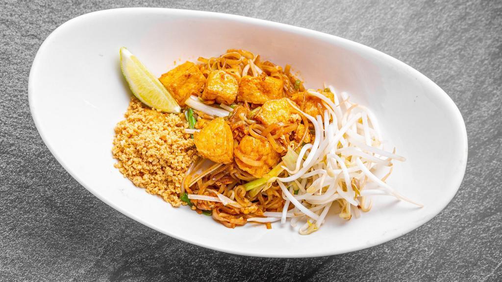 Pad Thai · Rice noodles with egg, peanut, scallion, and bean sprouts.