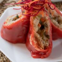 Vegetable Tempura Rice Roll 红米脆素肠 · Mixed vegetable tempura wrap with red rice roll