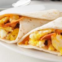 Bacon & Egg Burrito · Bodega-style breakfast burritos with two scramble eggs, american cheese, bacon, and hash bro...