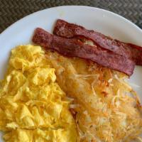 Healthy Platter · Free range egg whites with onions and peppers, turkey bacon, and hash browns.