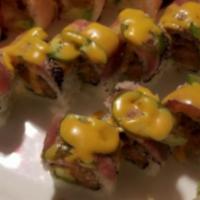 Pink Lady Roll · Inside: shrimp tempura, spicy tuna, avocado wrap with soy bean paper