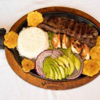 Grilled Sirloin Steak · Served with rice, beans with pork and choice of an optional side.