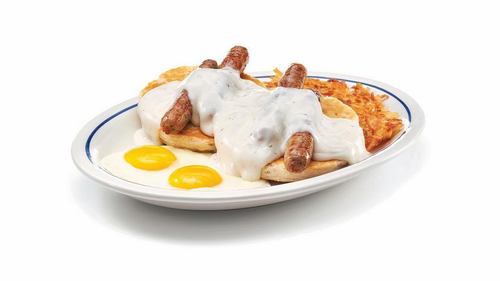 Buttermilk Biscuit & Gravy · A giant flakey buttermilk biscuit smothered with country gravy. Served with 2 eggs* your way, 4 pork sausage links & hash browns.
