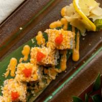 Blind Spot Roll · Spicy tuna and salmon on top with spicy crab, crunch, tobiko and spicy aioli.