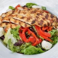 Italian Grilled Chicken Salad · Marinated grilled chicken, roasted peppers, fresh mozzarella, kalamata olives, & balsamic vi...