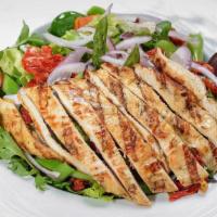 Gorgonzola Chicken Salad · Grilled chicken, sun-dried tomatoes, onions, asparagus, olives, gorgonzola cheese and lemon ...
