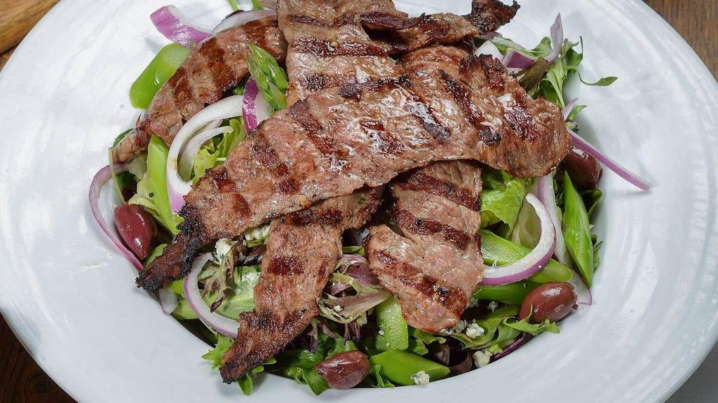 Steak Salad · Black angus steak, onions, asparagus, olives, gorgonzola cheese and lemon vinaigrette.
