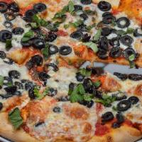 Paesano Pizza · Black olives, plum tomatoes, garlic, olive oil, basil, fresh mozzarella cheese and romano ch...
