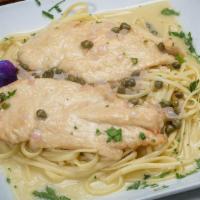 Chicken Piccata · Chicken breast sauteed in a white wine, lemon and capers. Served with side salad, your choic...