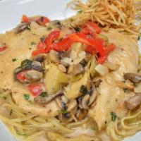 Chicken Mediterranean · Chicken breast sauteed in a lemon and white wine sauce, with artichoke hearts, mushrooms and...