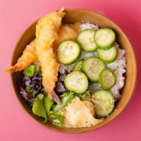 Shrimp Tempura Rice Bowl · Tempura fried shrimp over sushi rice with sliced cucumber, radish, ginger, crunchy greens, a...